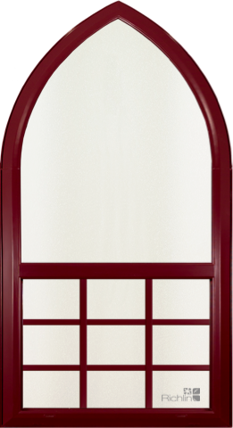 Beautifully rounded red, wood-textured trim specialty window with rounded top and grid