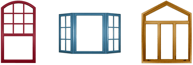 Three different window color styles, one with a green wood finish, another bay-style window with blue finish, and a third specialty shape with wood texture